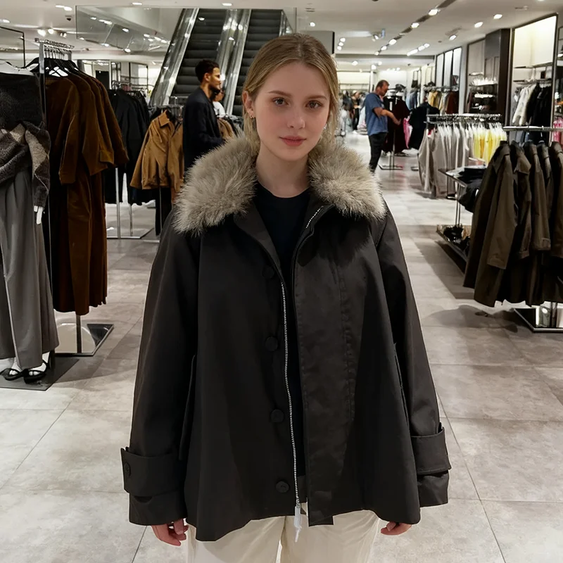 

Removable Faux Fur Collar Windbreaker For Women Long Sleeve Autumn Winter Warm Loose Coat Female Streetwear Outerwear