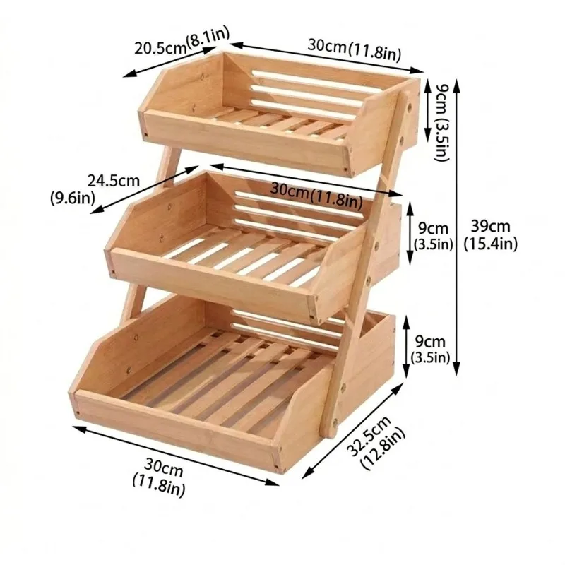 Multi-Layer Bamboo Storage Rack – 3-Level Fruit & Bread Holder for Kitchen, Durable & Stylish Display Stand for Home or Shop