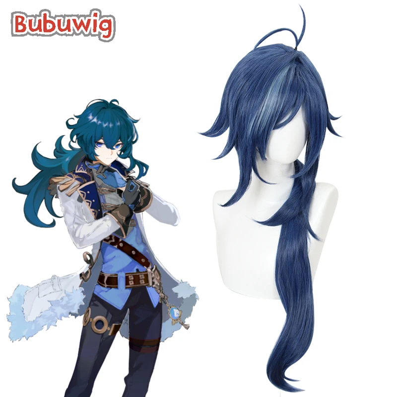 Bubuwig cabelo sintético genshin impacto kaeya cosplay peruca men halloween 80cm longo reta mista azul festa perucas resistente ao calor