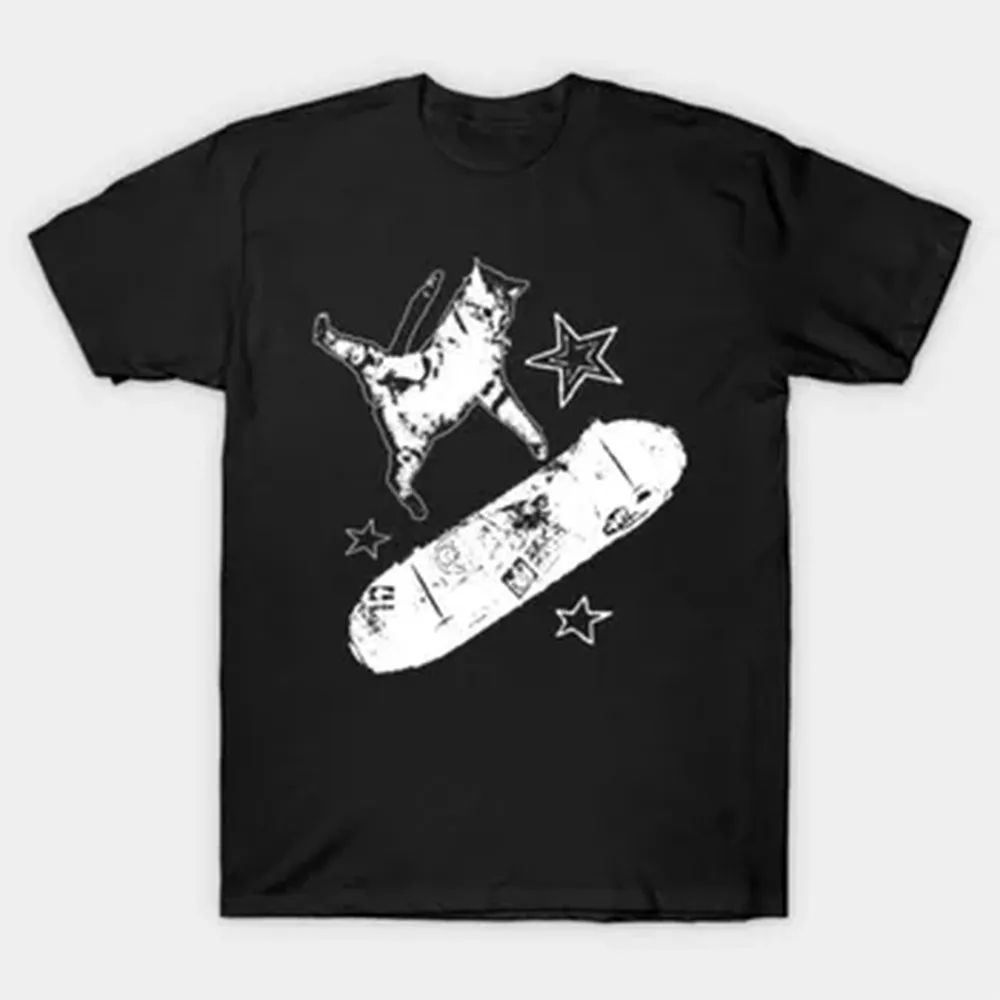 Skateboard Cat Y2K T-shirt For Men Women 100% Cotton T Shirts Short Sleeve