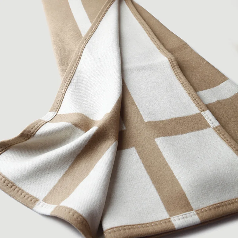 Cross striped double-sided jacquard wool blanket, Coffee camel gray cashmere H blanket, Hotel autumn and winter casual shawl