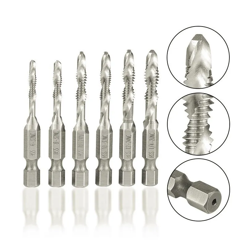 Robinets à tige hexagonale HSS 1/4, Machine à brancher, 6-32 8-32 10-24 10-32 12-24 1/4-20, outils de perçage de filetage à pointe spirale