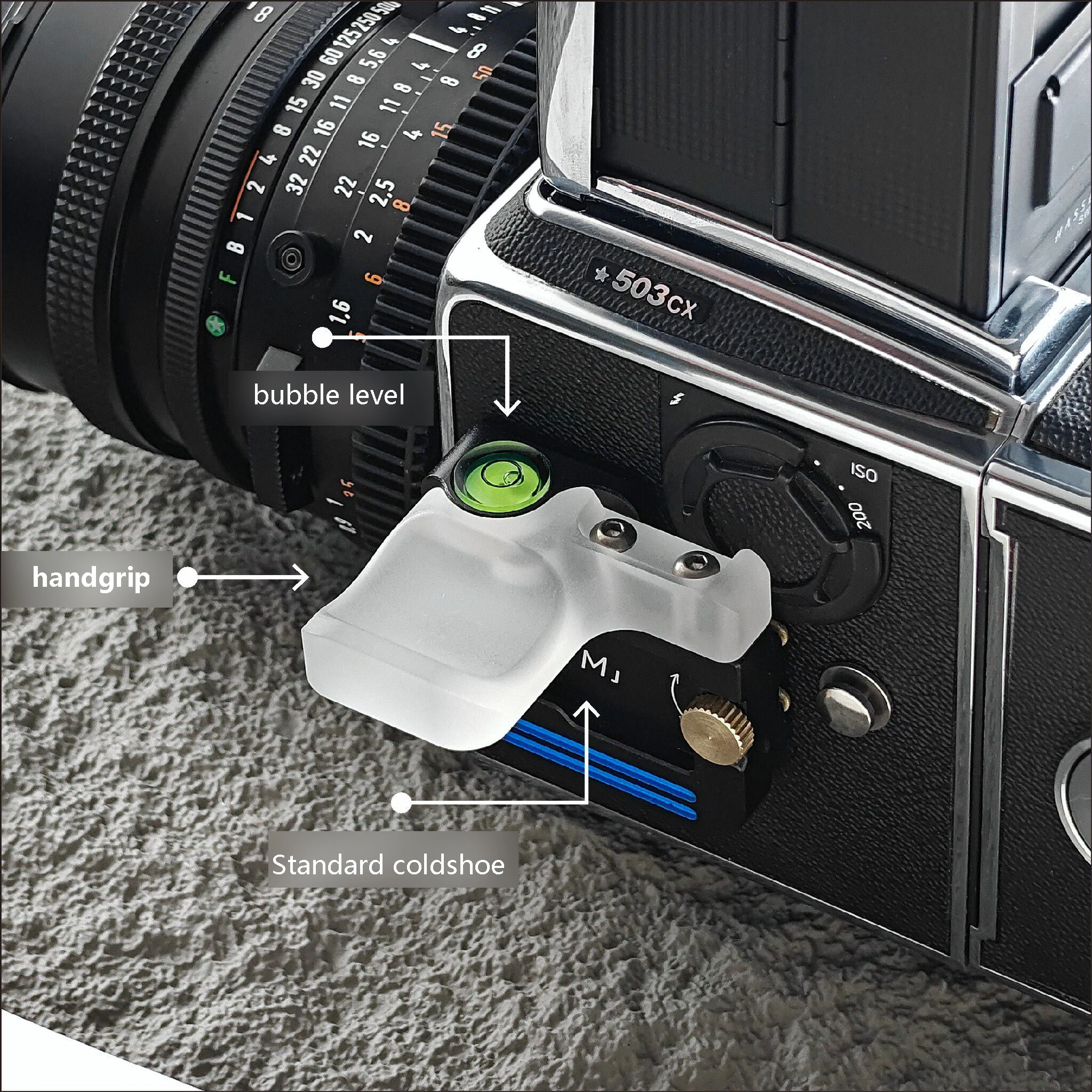 

Рукоятка-держатель для пленочных камер серии 500/503, 3-в-1: с холодным креплением, пузырьковым уровнем и светомером, стандартное холодное крепление 503cx