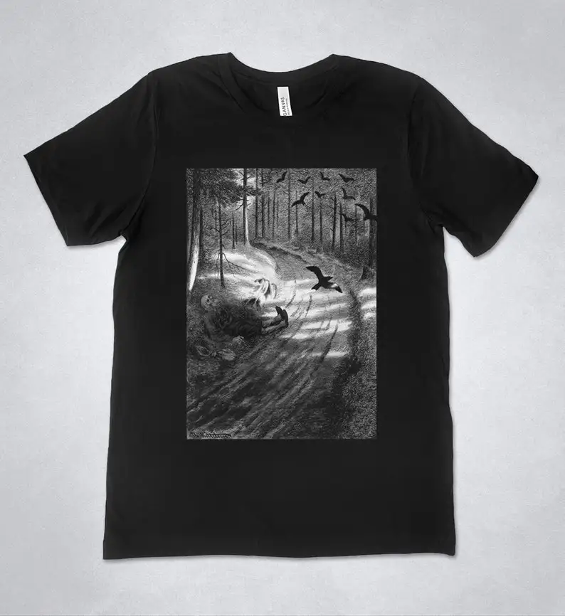 

Theodor Kittelsen t-shirt - Fattigmannen illustration for Svartedauen (Black Death), Book Illustration shirt, Norwegian art, Pla