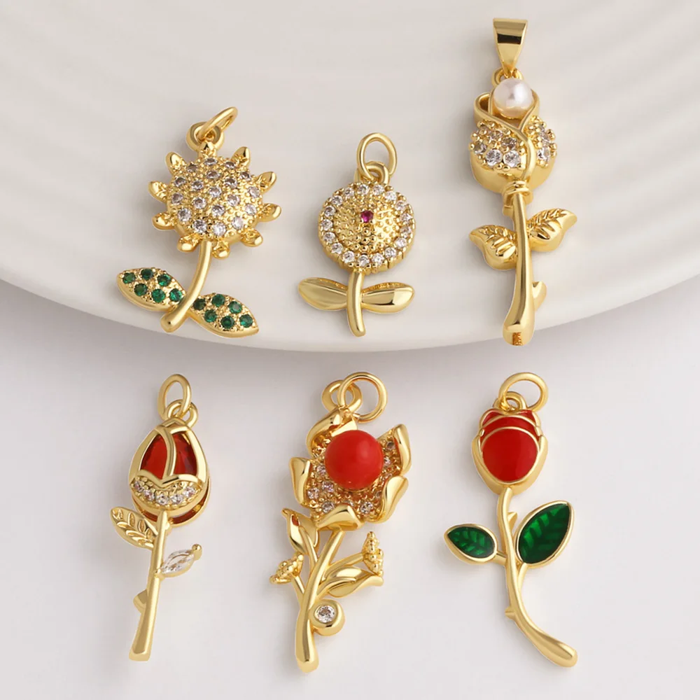 OCESRIO Gold Plated Sunflower Pendant Charm with Green CZ Leaves for DIY Jewelry Making Necklace Bracelet Accessories pdtb886