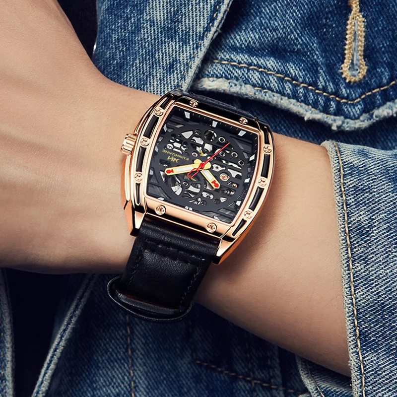 KunHuang Original Skeleton Automatical Mechanical Watch for Men Waterproof Luminous Stainless Steel men's Wristwatch