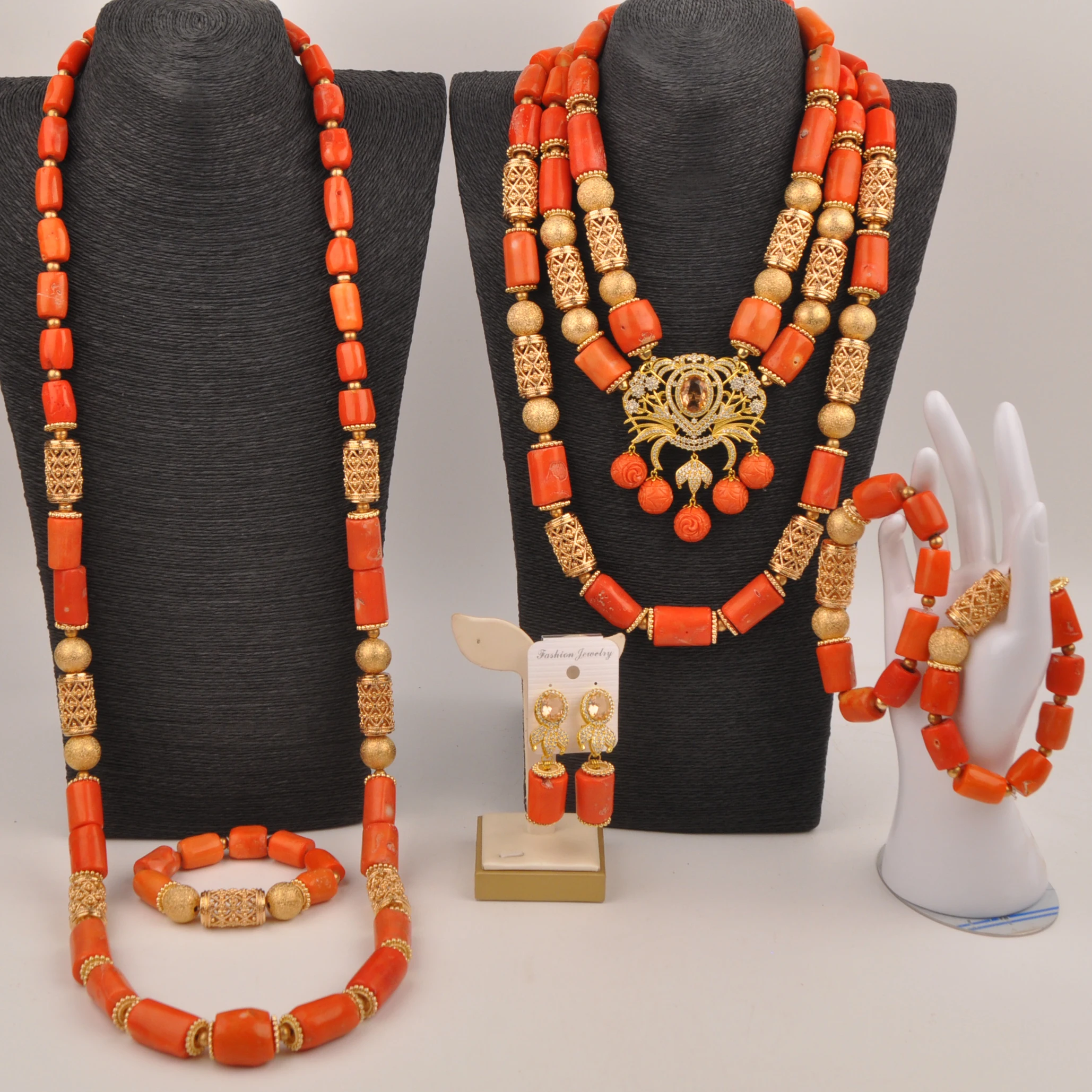 

Orange natural coral beads necklace set stylish African Nigerian wedding jewelry