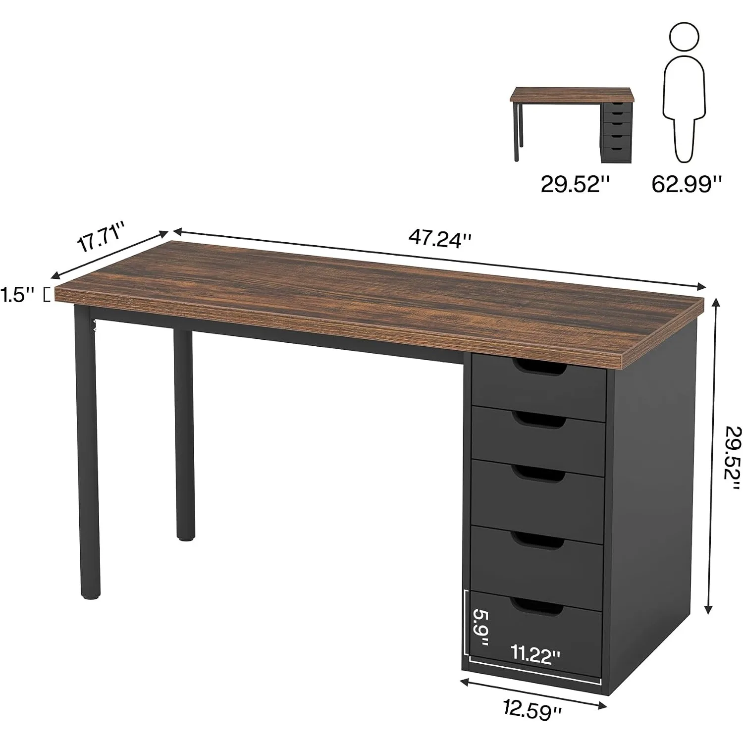 Computer Desk with 5 Drawers, 47 inches Rustic Brown Home Office Desk with Storage, Modern Simple Laptop Desk Study Writing Table for Small Spaces (1, Brown+Black)