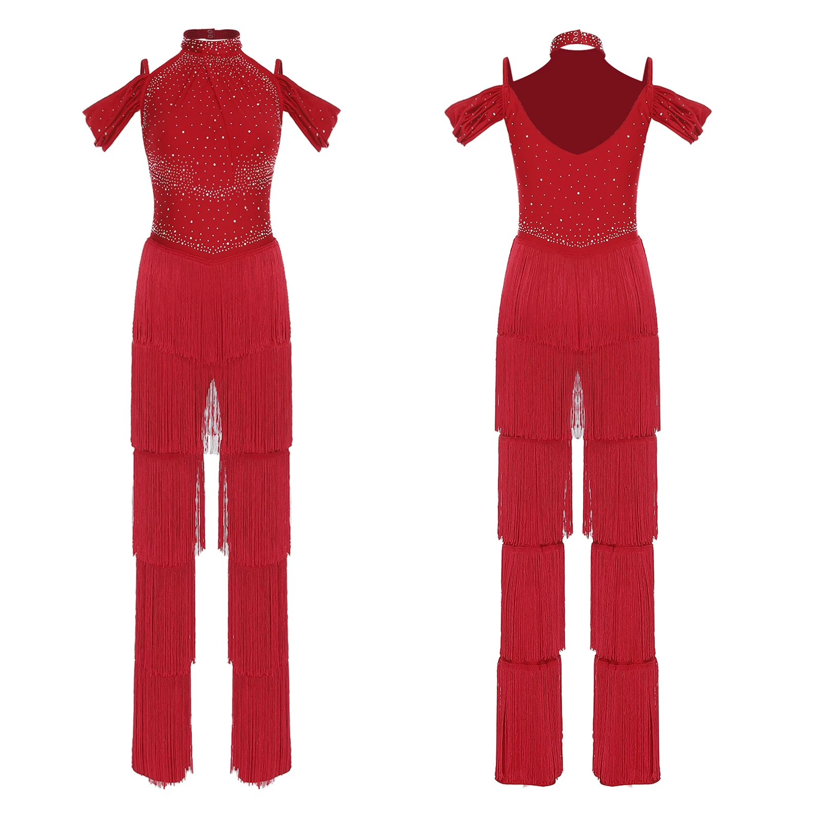

Women Latin Tango Cha-cha Dance Costume Jumpsuit Rhinestones Tiered Tassel Halter Off Shoulder Rompers for Rumba Disco Party