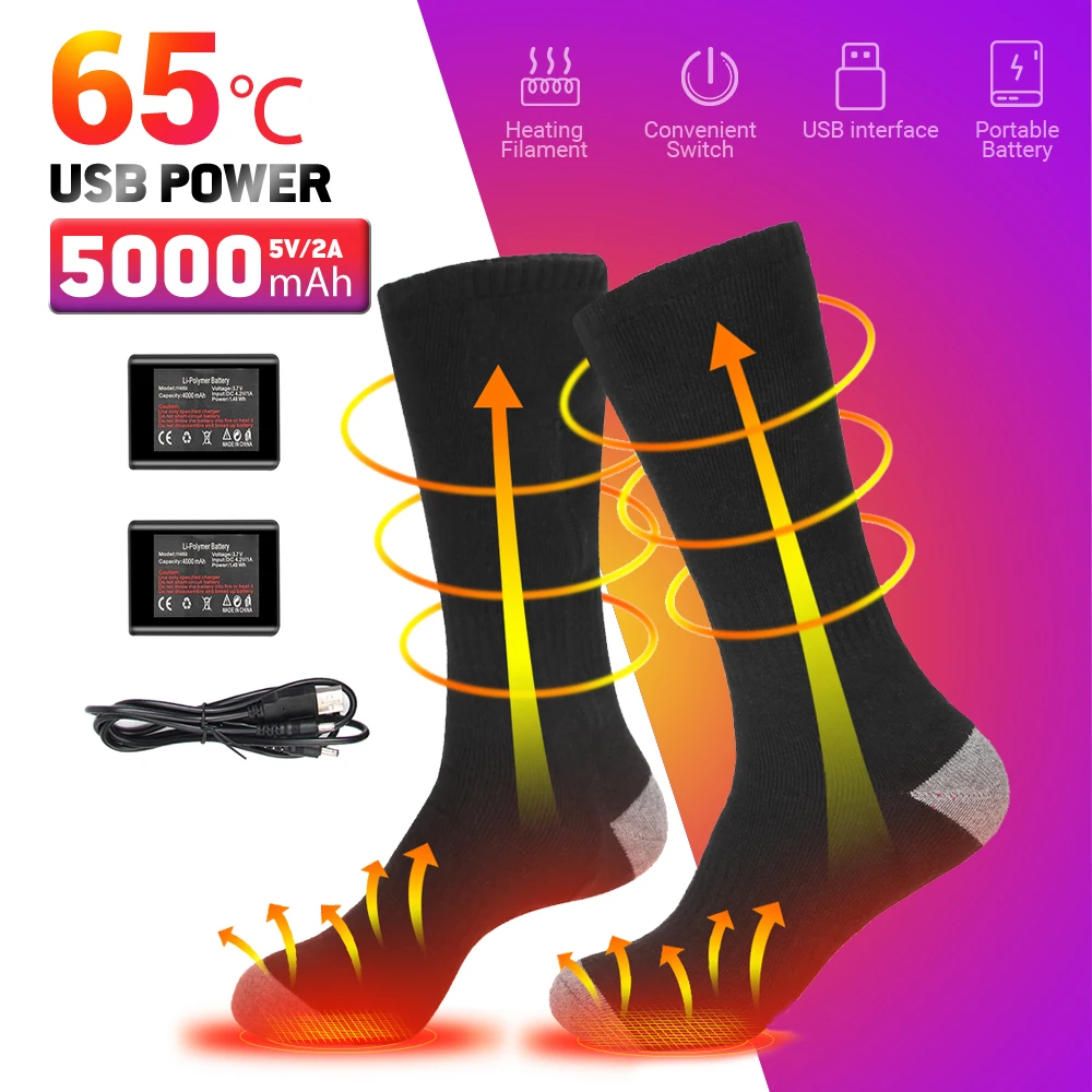 Chaussettes chauffantes thermiques à charge USB, 65 °C, bottes thermiques infrarouges, chaussettes de ski de motoneige, chaussettes chauffantes électriques