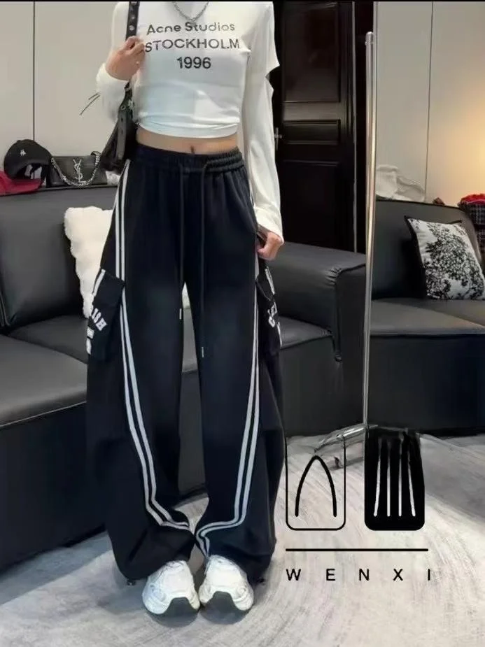 

Faionable Street Sle Cargo Pants Women's Spring Autumn Casual High Waist Wide Leg Stripe Pants Long Pants High End Quali