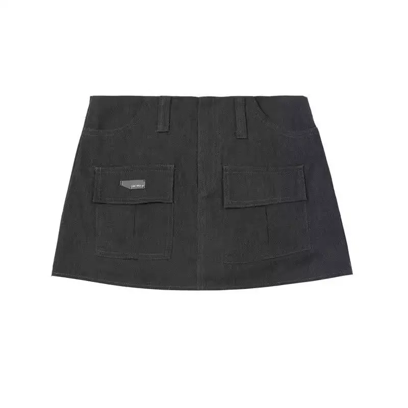 Spice Girl Y2k Mini jupe de hanche jupes cargo grises taille haute pour femme avec poches