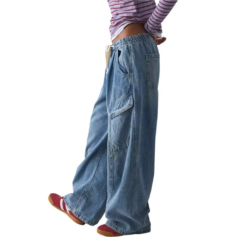 

Женские широкие джинсы CYL с завязками на талии, эластичные, с высокой посадкой, в уличном стиле, винтажные, свободные, из денима