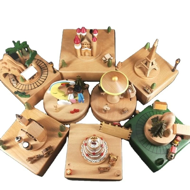 Solid wood rotating animation music box toy turntable music box