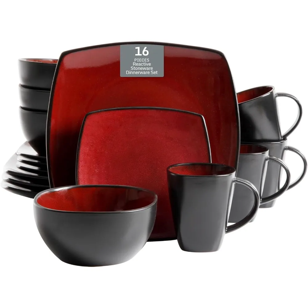 

Gibson Soho Lounge Square Reactive Glaze Dinner Set, Red, 4-Person, 16-Piece