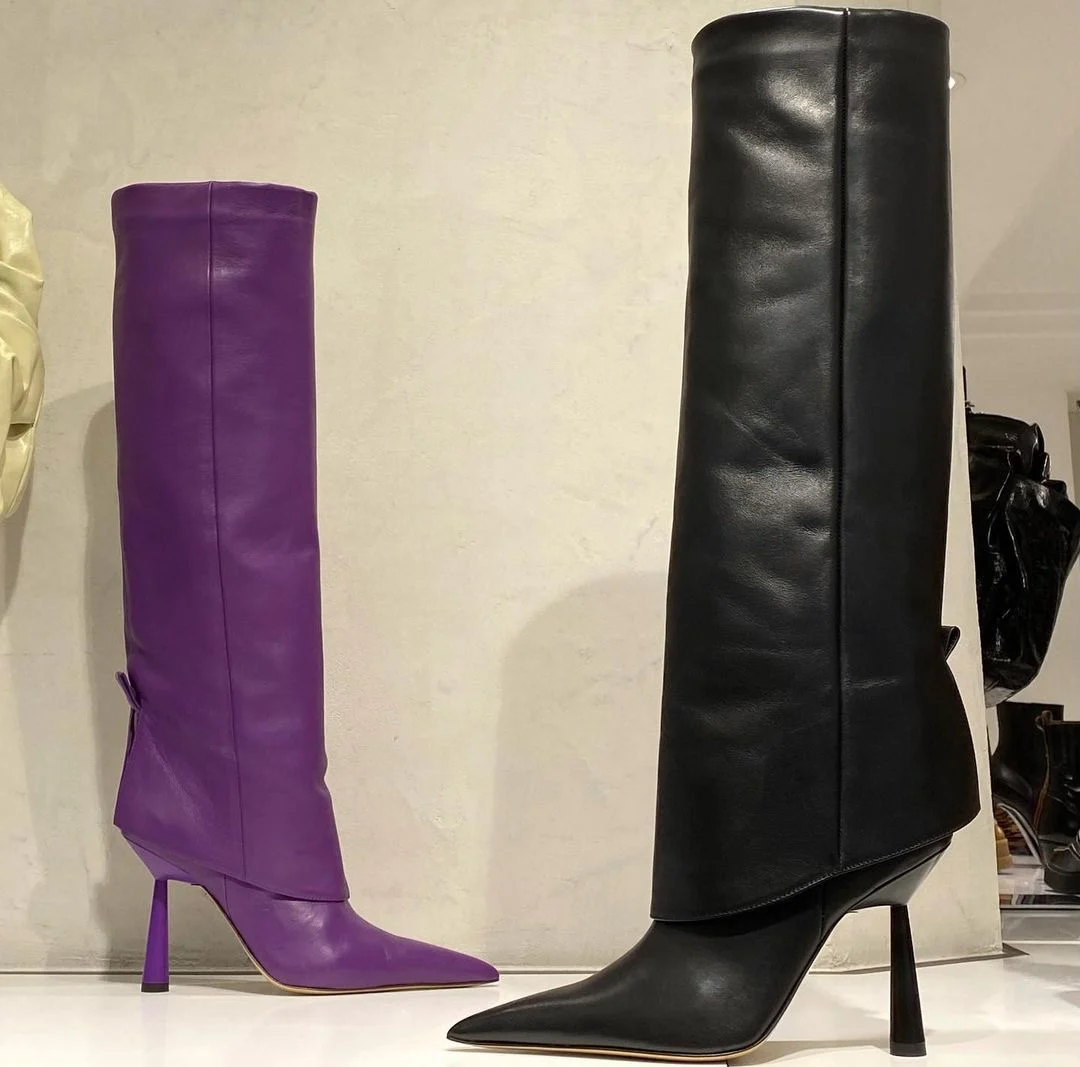 2023 Women Knee High Boots Black/Purple Boots Thin High Heel Spring Shoes Luxury Brand Leather Boots For Women 41