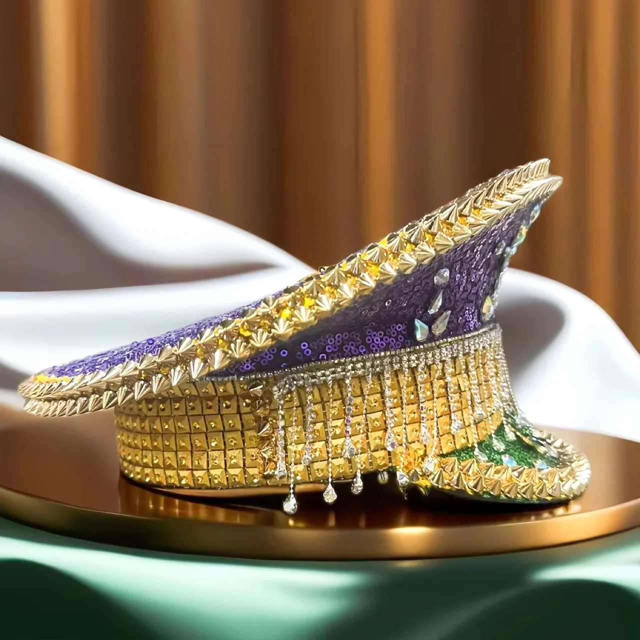 HongLuan Yellow Laser Leather Loop Captain Hat Rhinestone & Military Caps for Woman, Rave Festivals Accessories ＆ Party Cap Man