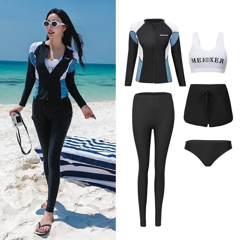 

Женский купальник с длинными рукавами и защитой от ультрафиолета, 5 шт./компл., топ + низ, рубашка для плавания на молнии спереди и леггинсы, спортивная одежда