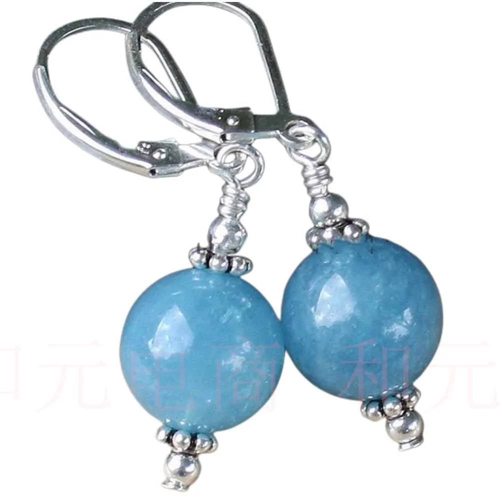 

12mm Blue Chalcedony Gemstone Round Beads Silver Dangle Earrings FOOL'S DAY Gift Jewelry Aquaculture Beautiful Easter Freshwater