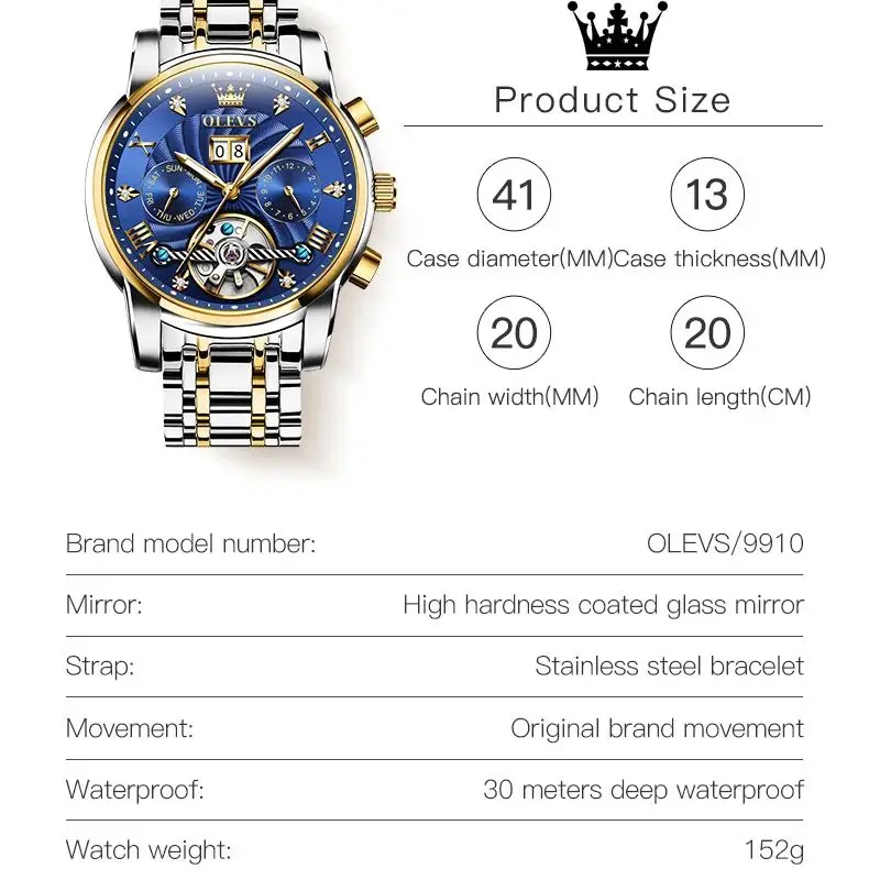 OLEVS 9910+6608 Automatic Couple Watch for Men Women Multifunctional Chronograph Couple Mechanical Wristwatches Love Set Gift