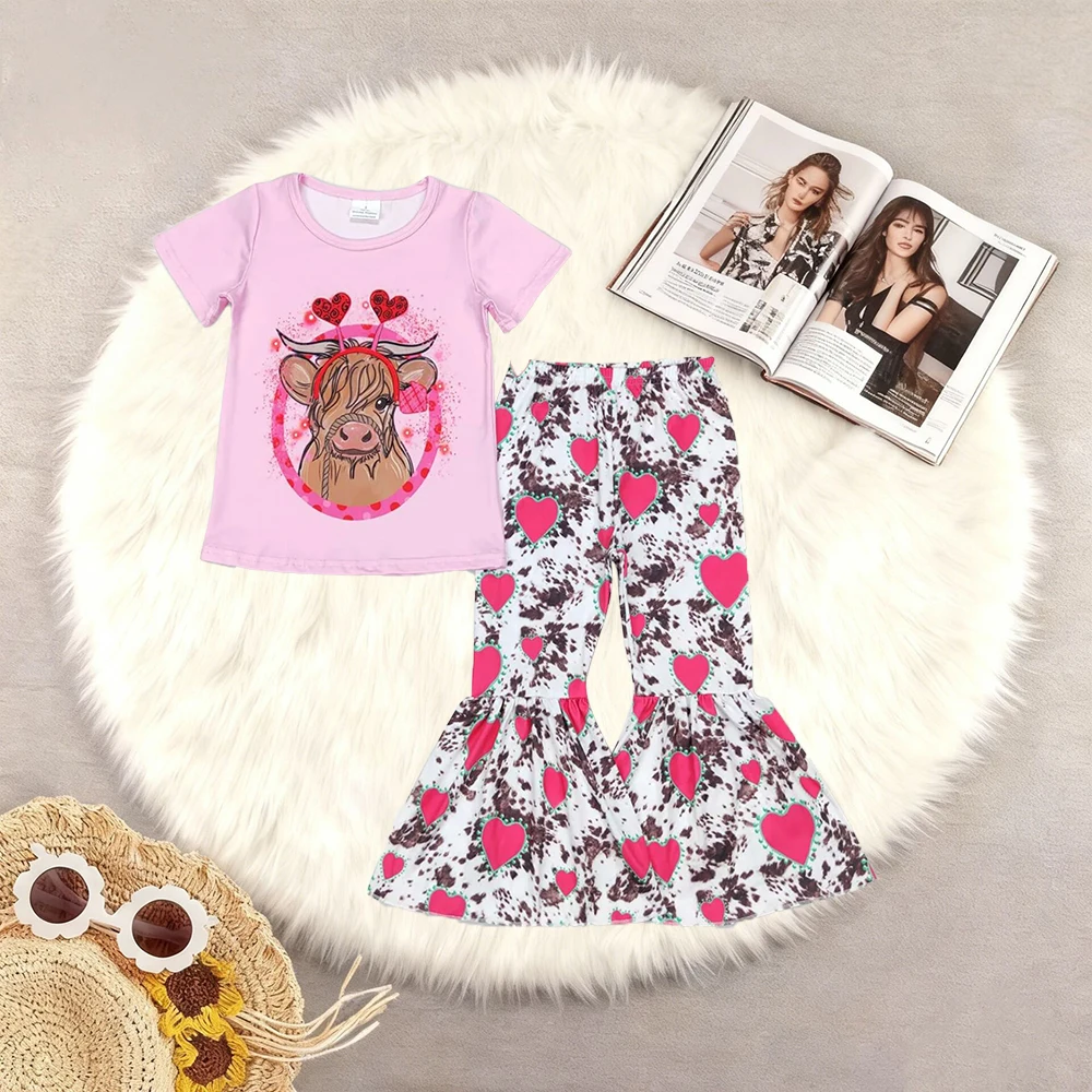 11.4 Baby Girls Clothes Baby Girls Valentines Cow Shirt Heart Bell Pants Clothes Sets