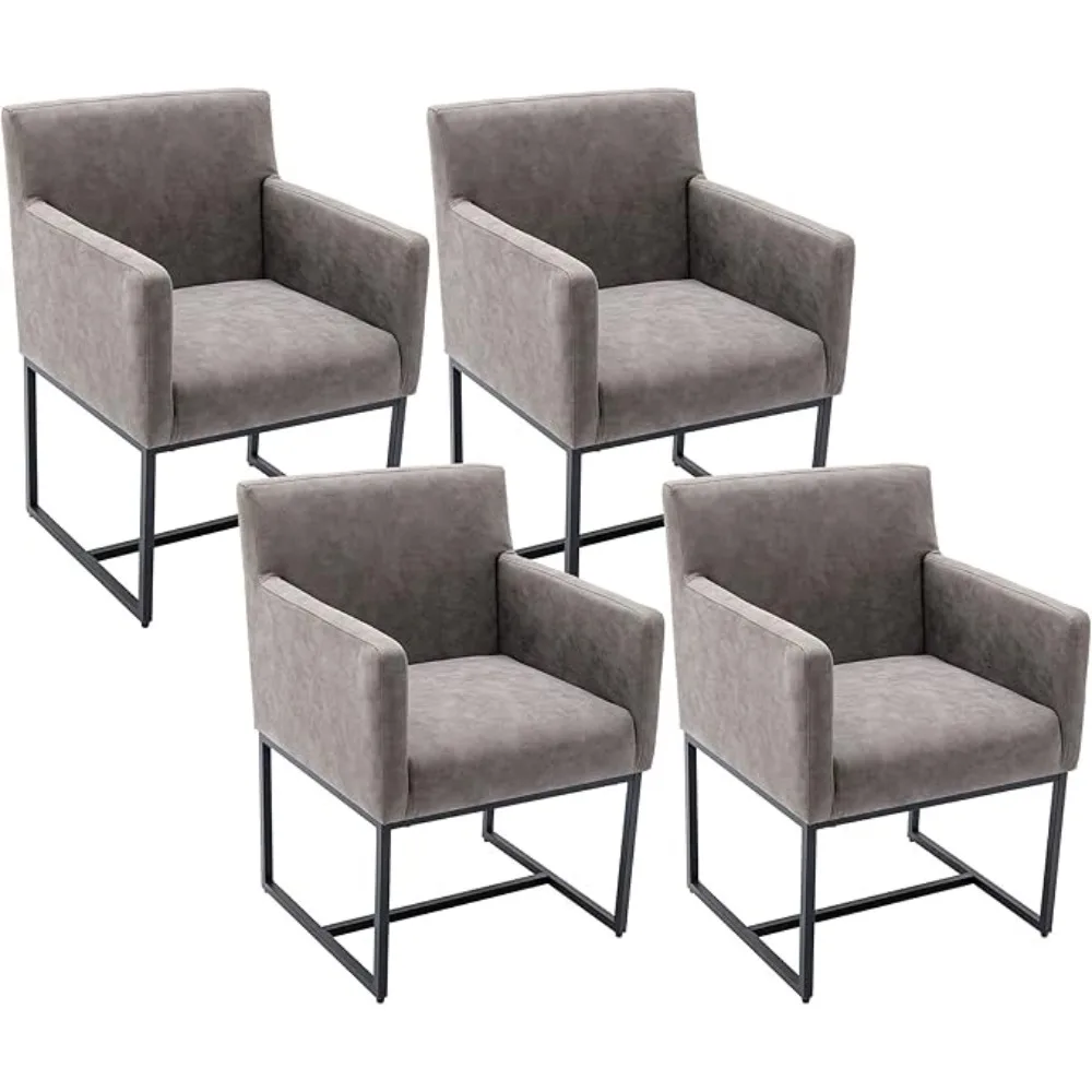 

Faux Leather Upholstered Dining Chairs with Arms Set of 4, Mid Century Modern Padded Kitchen Chairs with Black Metal Frame