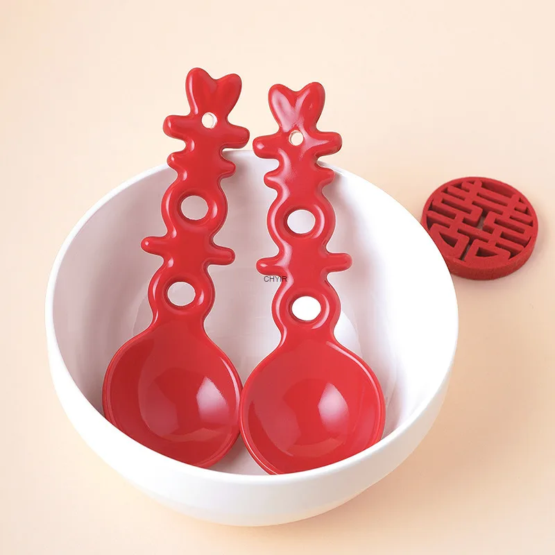 Double Happiness Ceramic Spoon Souvenir Soup Spoon, Engagement Wedding Spoon Red Festive Soup Kitchen Tablewear