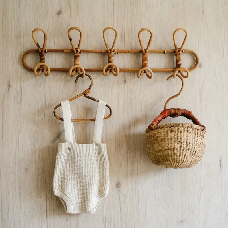 Handwoven Rattan Wall Mount Hook Rack Natural Woven Hanger For Clothes Hat Storage Living Room Entryway Interior Decor Organizer