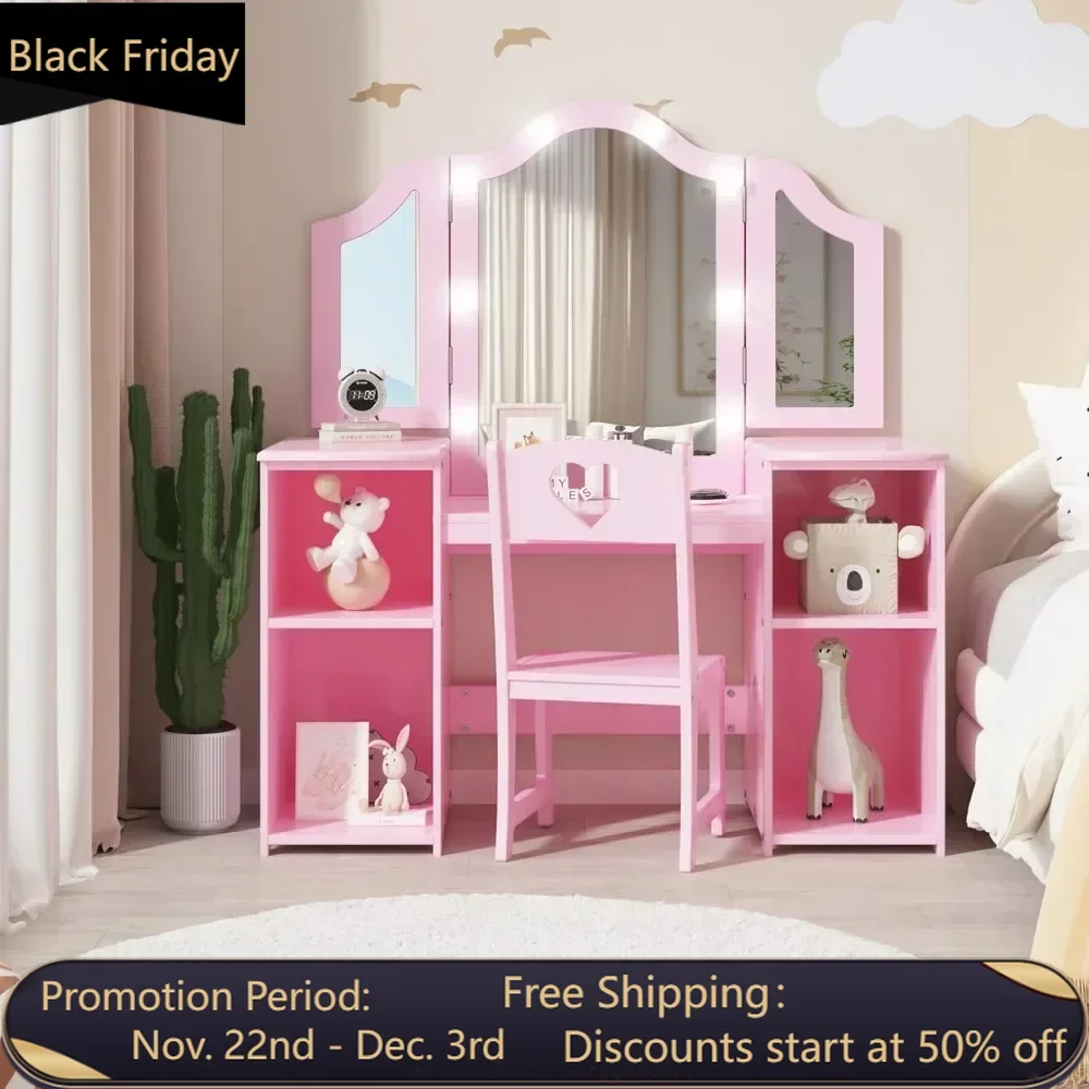 Kids Vanity, 2 in 1 Princess Makeup Desk & Chair Set, Lighted Mirror, Storage Shelves and Cabinet, Pretend Play Vanity Sets