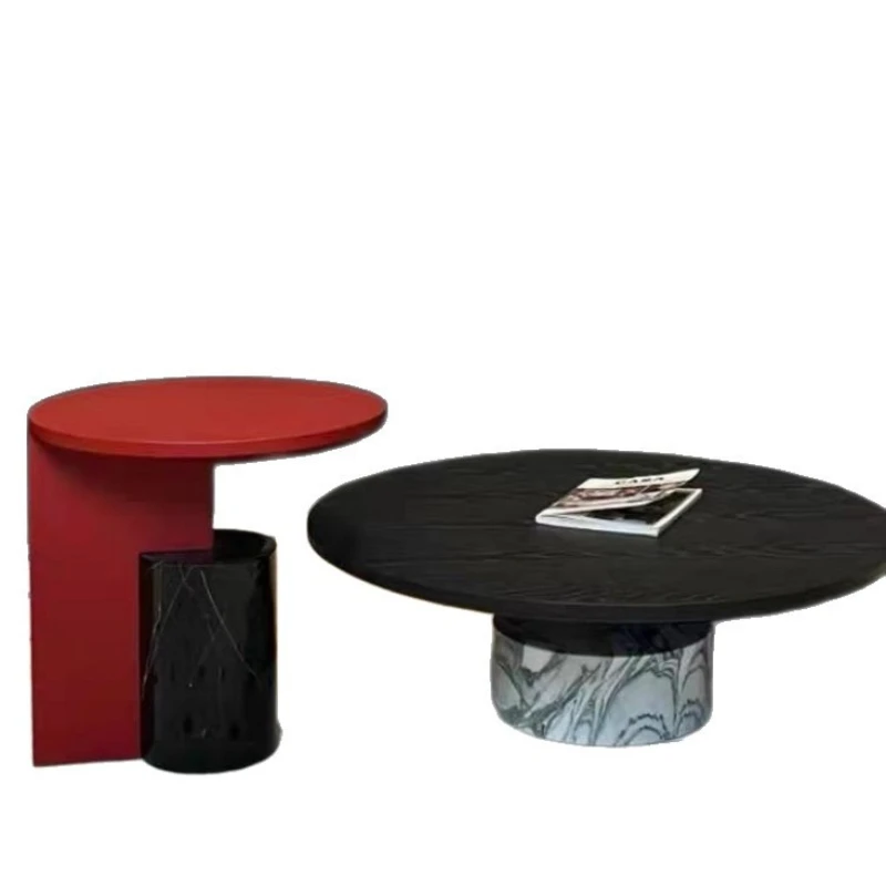 Vintage marble coffee table, classic contrasting color combination low table, artistic simplicity wabi-sabi style