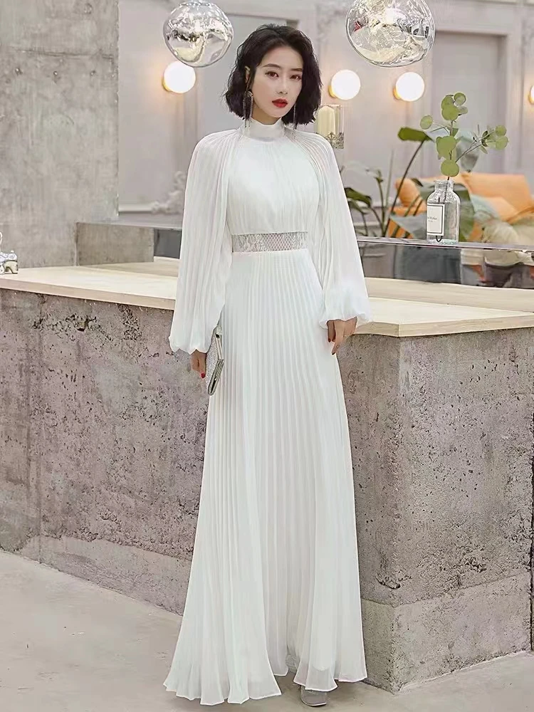 2023 New Spring Autumn Women Stand Collar Long Sleeve Slim Long Dress High Quality Perspective Lace Patchwork Pleated Maxi Dress