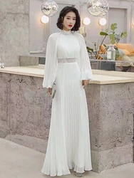 2023 New Spring Autumn Women Stand Collar Long Sleeve Slim Long Dress High Quality Perspective Lace Patchwork Pleated Maxi Dress