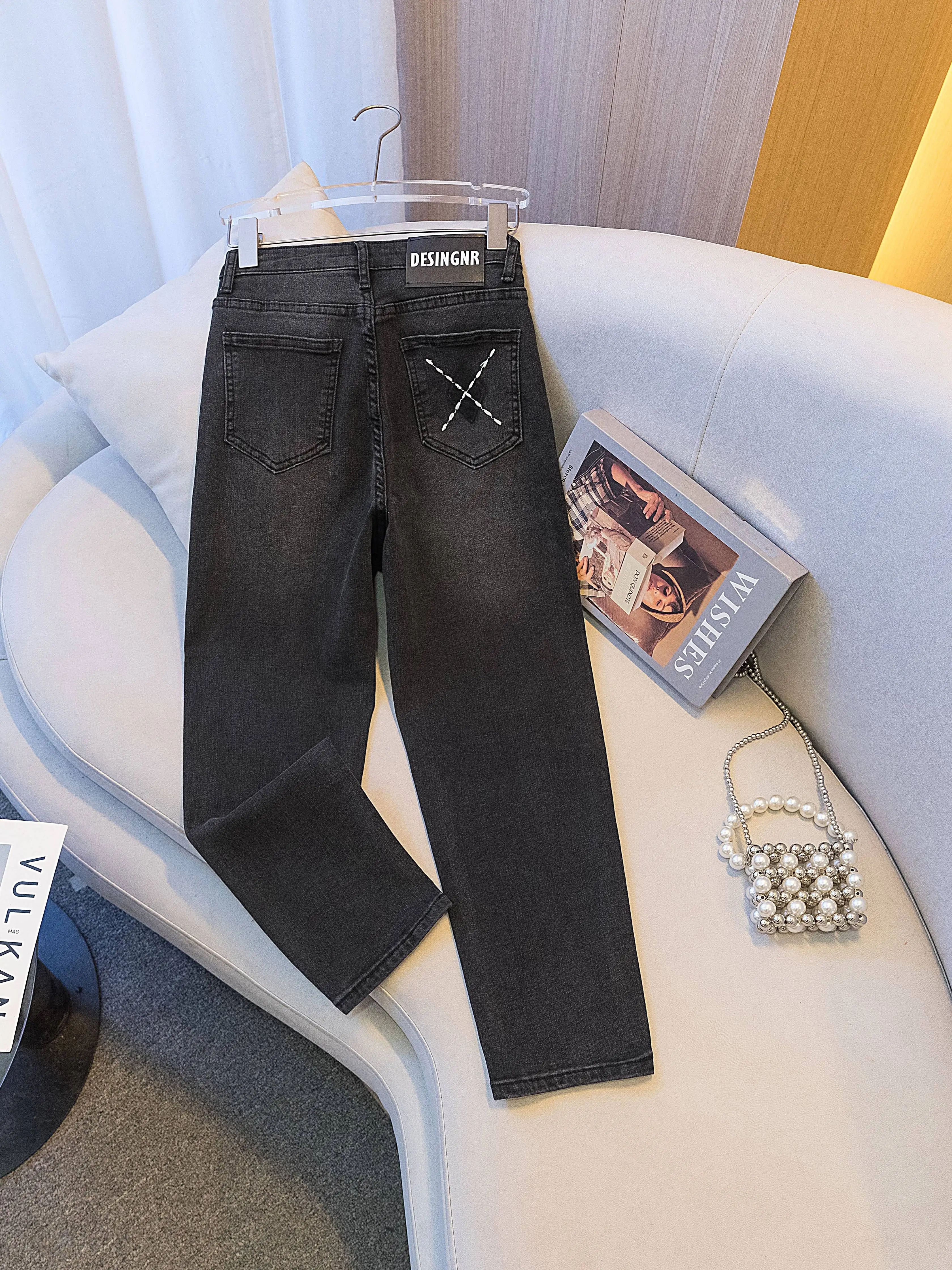 Slim Straight Leg Jeans Women's High Waist Slimming Nine Tube Pants Spring Autumn New Style Small Size Black Grey Denim Jeans