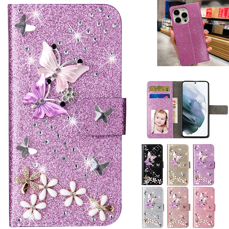 Glitter Leather Case For iPhone 16 15 Plus 14 ProMax 12 13 MINI 11 X XR XS Max For iPhone 7 8 Flip Phone Wallet Luxury Case