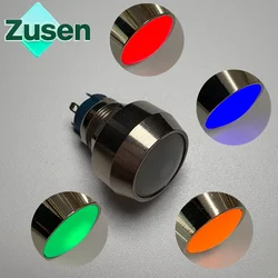 Zusen 12mm Dome head Push Button Switch Silver Metal with Green Led 1NO Latching/Momentary Pin Terminal