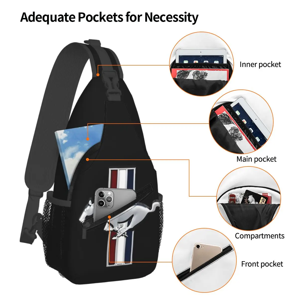 Classic Ford Mustang Logo Crossbody Sling Bags Men Women Chest Bag Shoulder Backpack Daypack for Travel Hiking Biking Pack