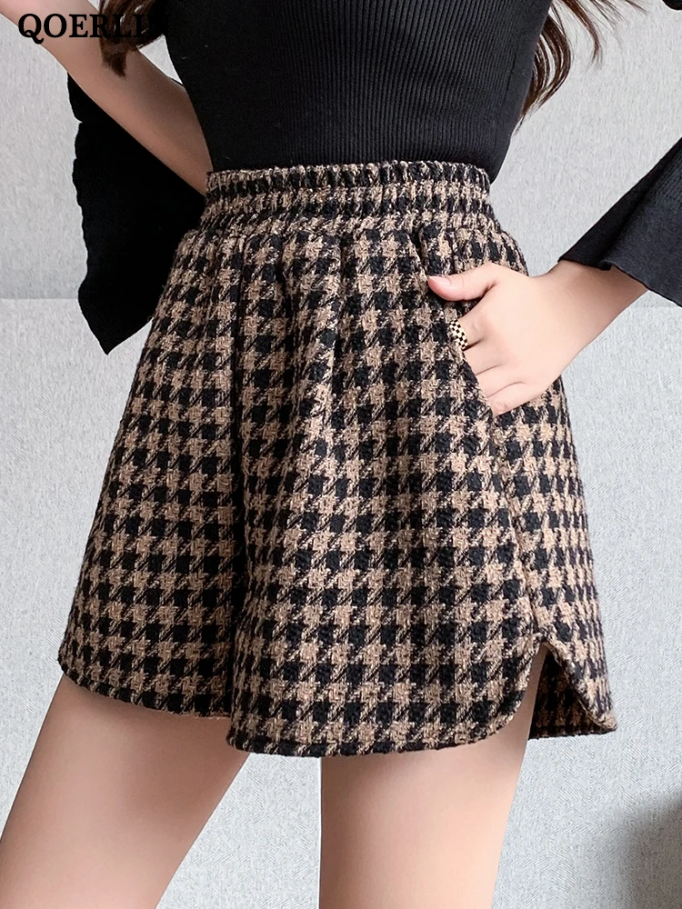 

QOERLIN 2022 Autumn Winter New Woollen Shorts Plaid High Waist Wide Leg Casual Elastic Waist Boot Shorts Female Black Coffee