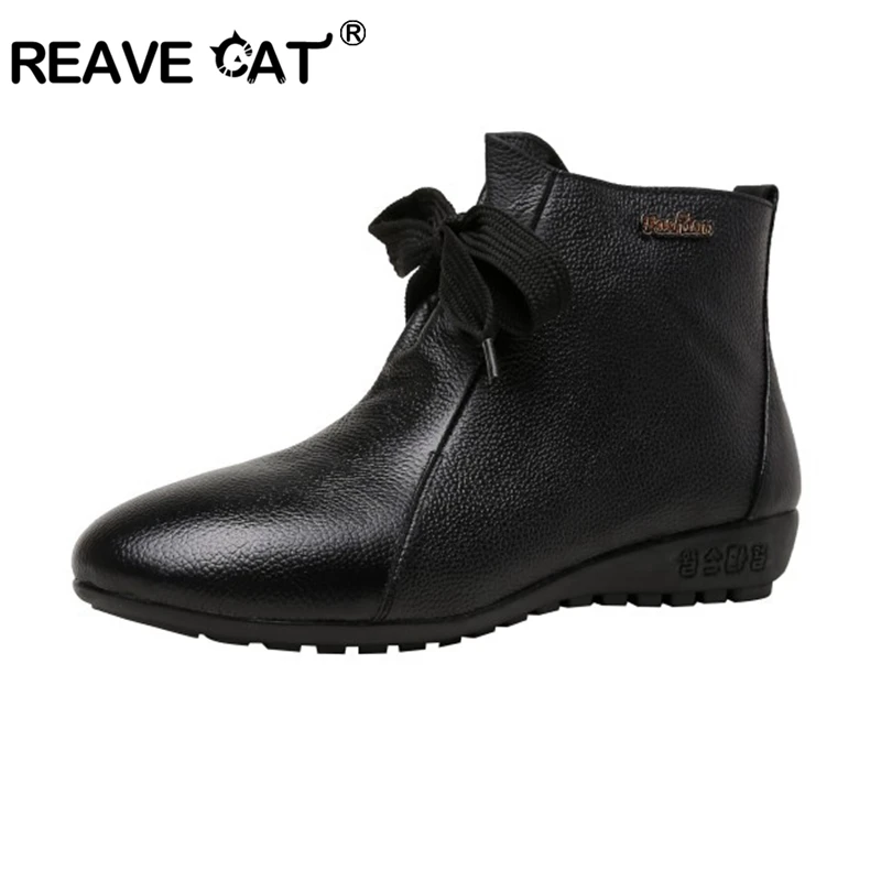 

Женские ботильоны на танкетке REAVE CAT, осенние черные ботильоны с перекрестной шнуровкой, большие размеры