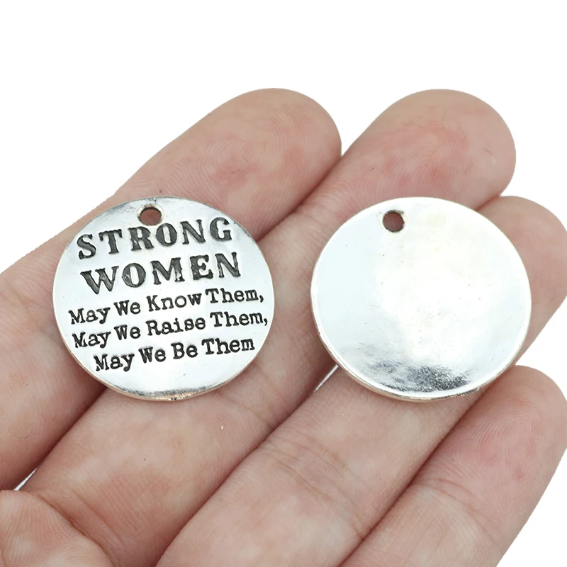 10 Pieces/Lot 25mm Antique Silver Plated Letter Engraved Strong Women Words Saying Charms For Jewelry Making