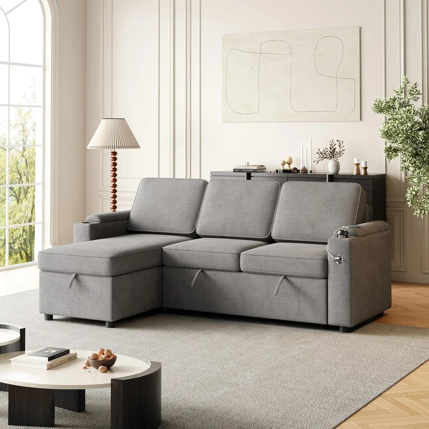 86"" Sleeper Sofa, L-Shaped Sectional Sofa Bed With Storage Chaise, Usb Charging Ports And Cup Holders, Reversible 2 In 1 Pull