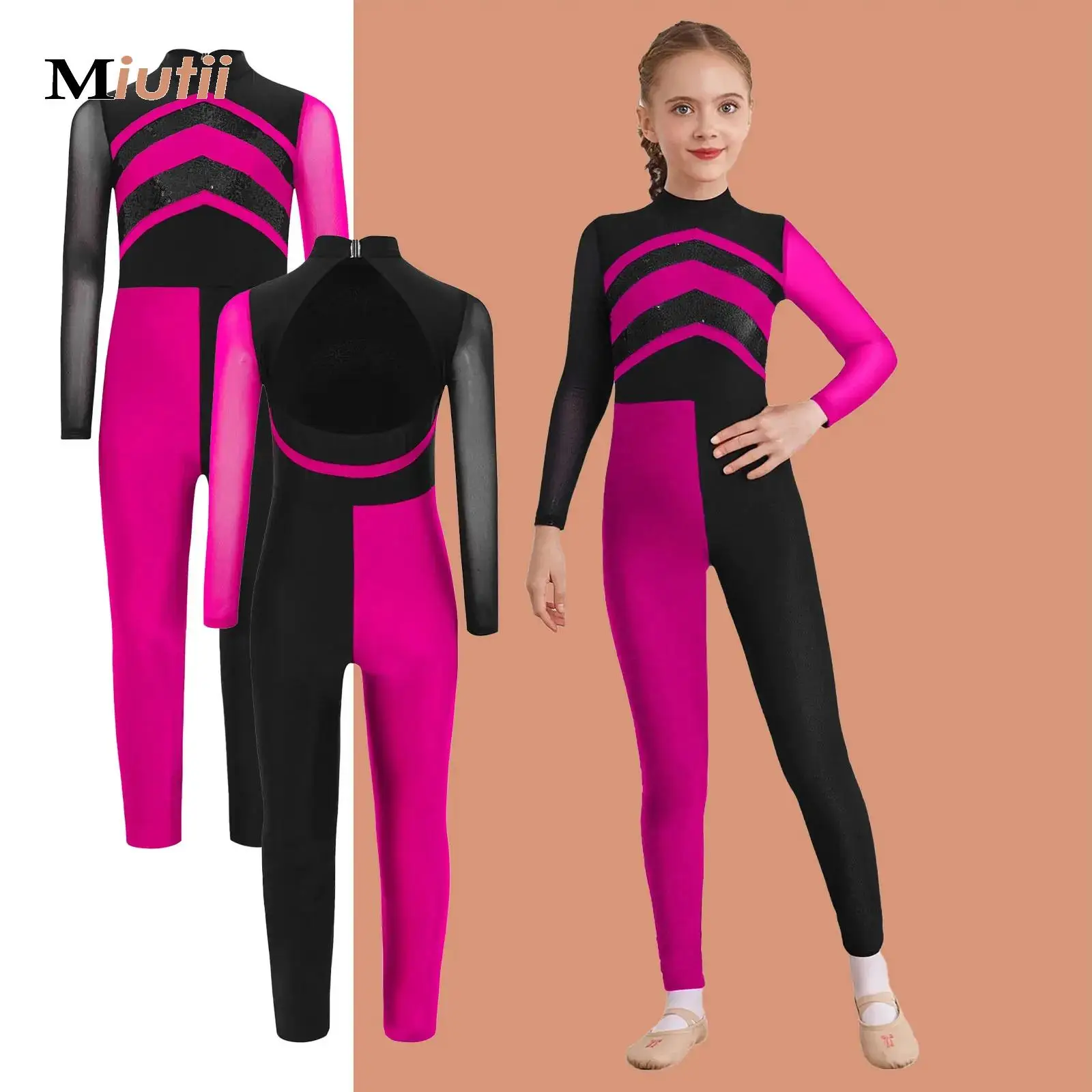 

Kids Girls Gymnastics Figure Skating Costume Color Block Jumpsuit Long Sleeves Cutout Ballet Dance Bodysuit Jersey Competition