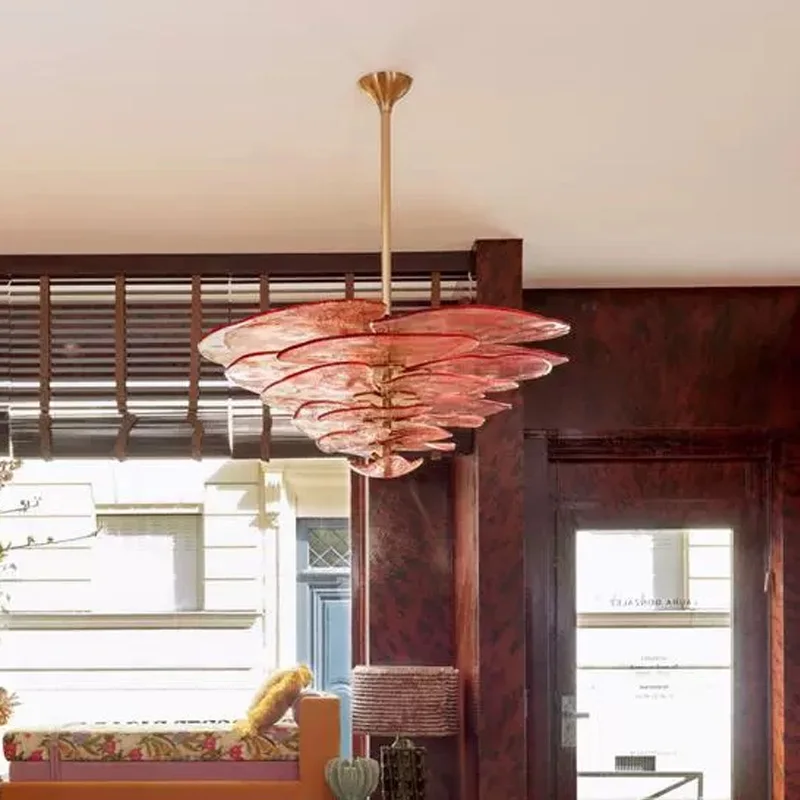 

American pink frosted glass chandelier with rose shape for living room, hotel ceiling decoration, dimmable Metal lustre