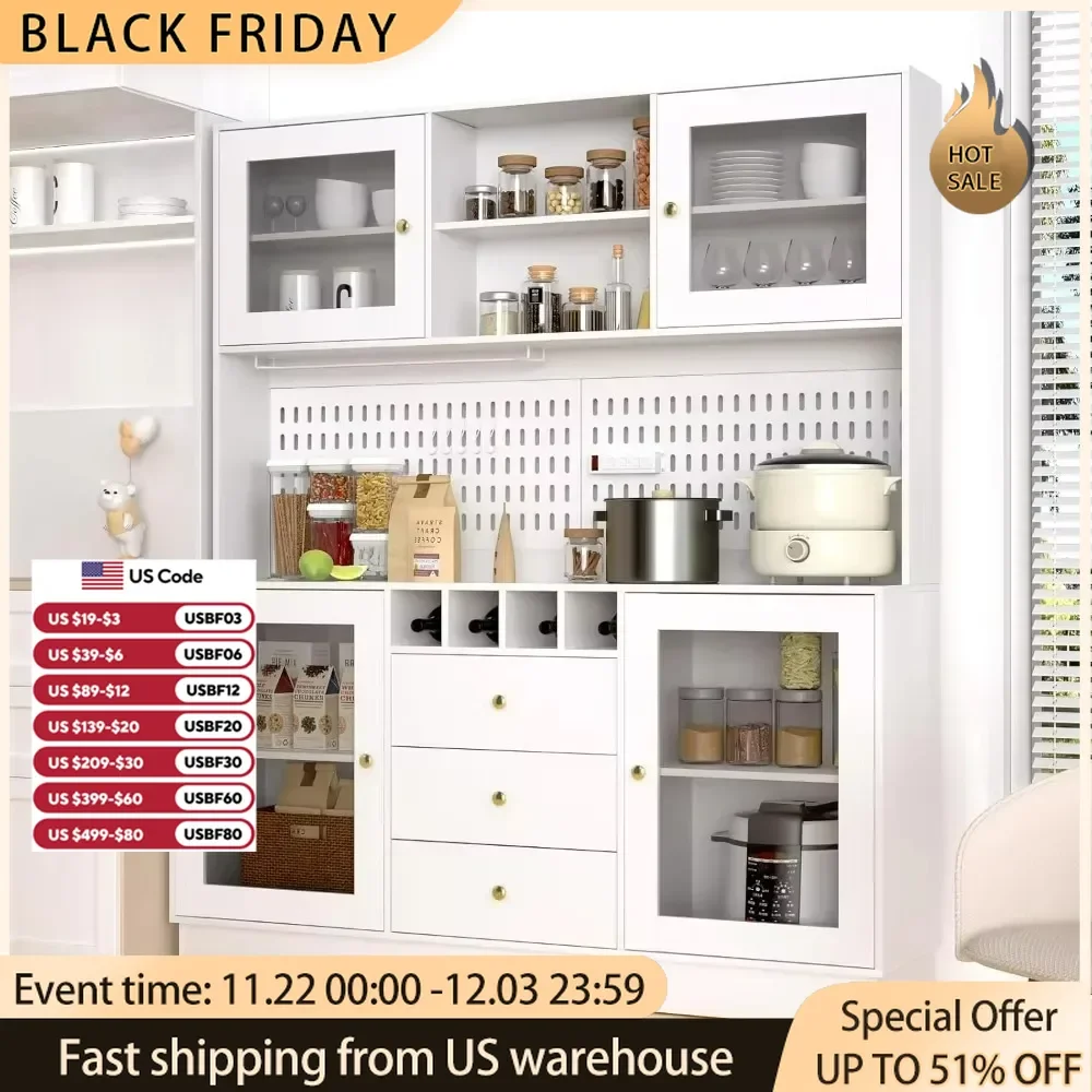 Kitchen Cabinet,Pantry Cabinet,Freestanding Buffet Hutch Pegboard,PowerOutlet,4Doors3Drawers,Cupboard Microwave Shelf Wine Racks