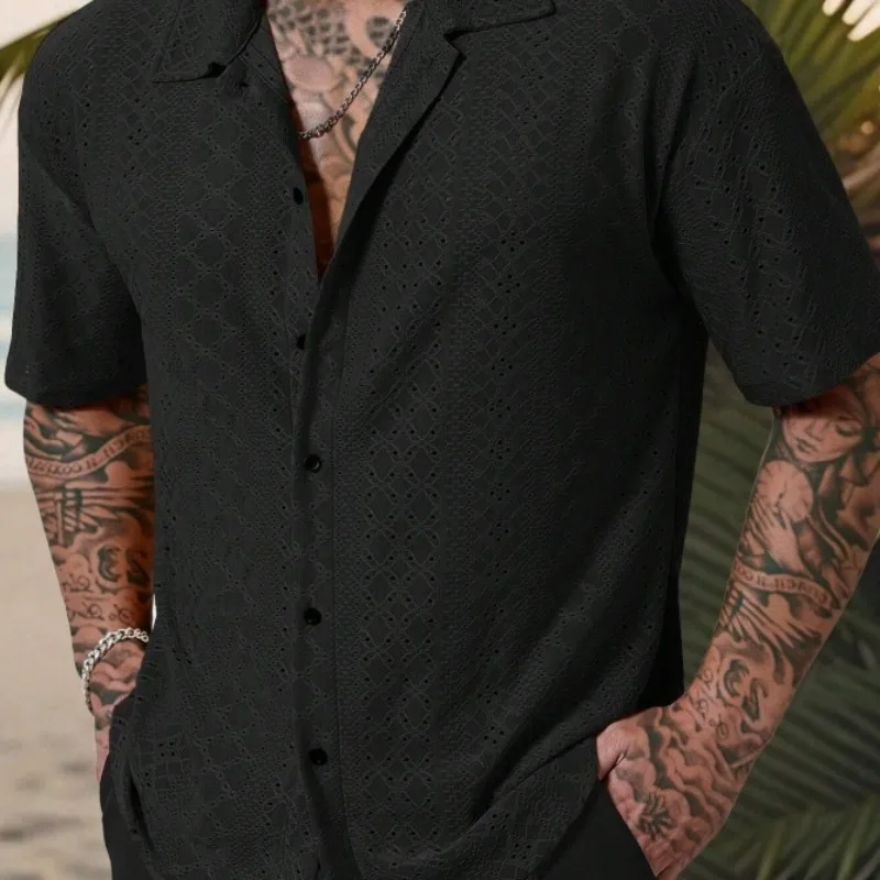 Men's Light Blue Short Sleeve Cuban Collar Eyelet Embroidery Shirt Casual Summer Beach Top