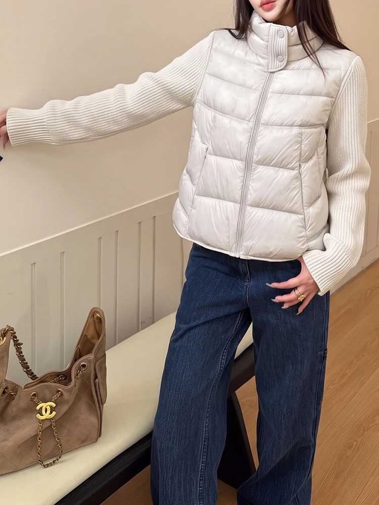 Women Stand Collar Down Jacket Knit Sleeve Splicing Quilted Puffer Coat Short Lightweight Old Money Winter Outerwear
