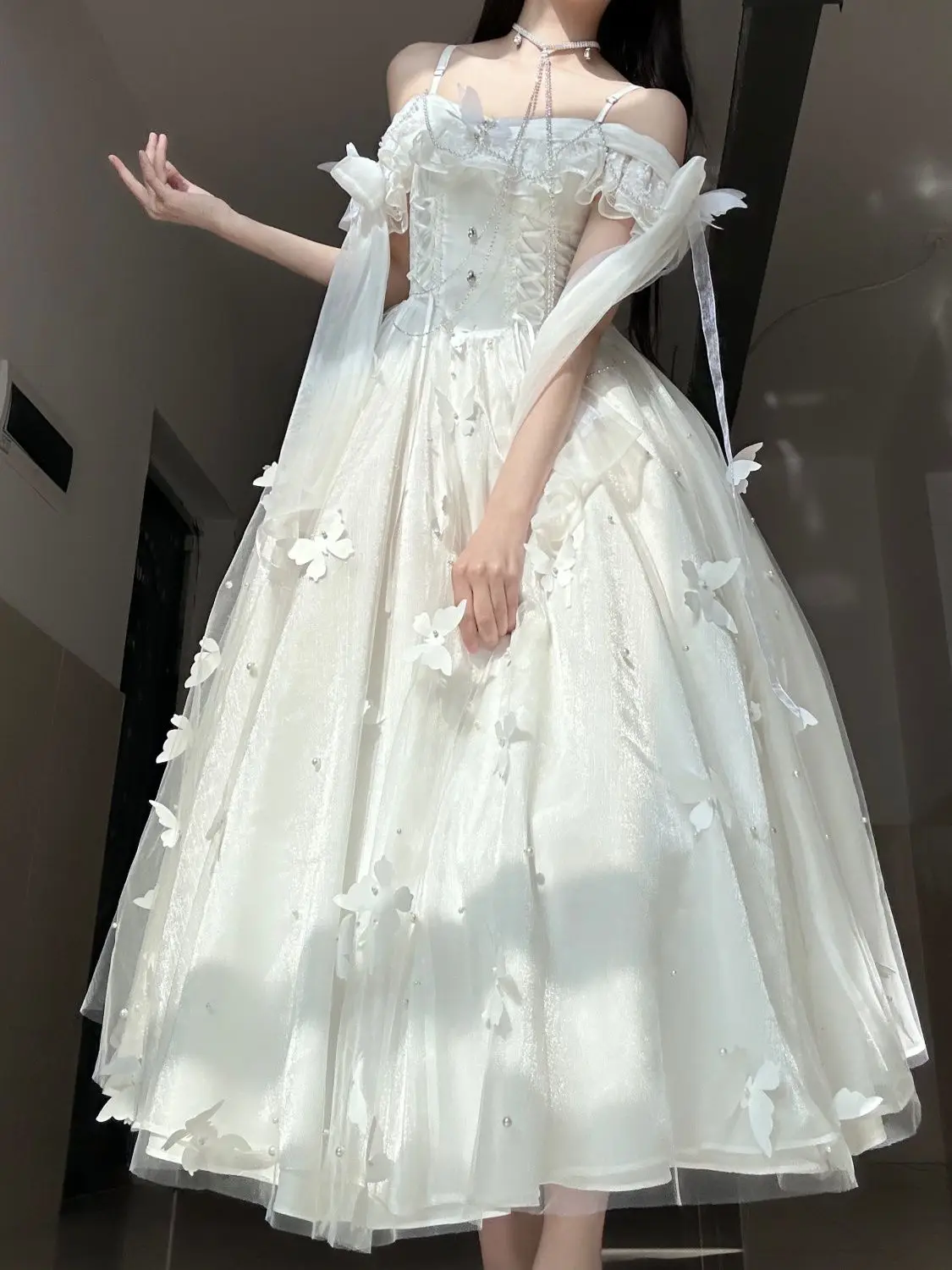 

Summer Wind Chime Princess Dress Spring/Summer White Moonlight Staircase Butterfly Theme Fairy Cosplay Spirit Fairy Dress
