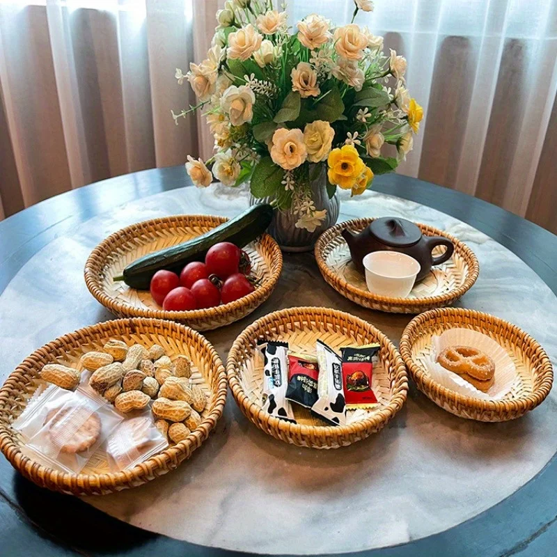 Rattan Wicker Basket Handwoven Fruit Tea Snack Bread Basket Cosmetic Round Storage Box Water Hyacinth Weaving Bamboo Tray