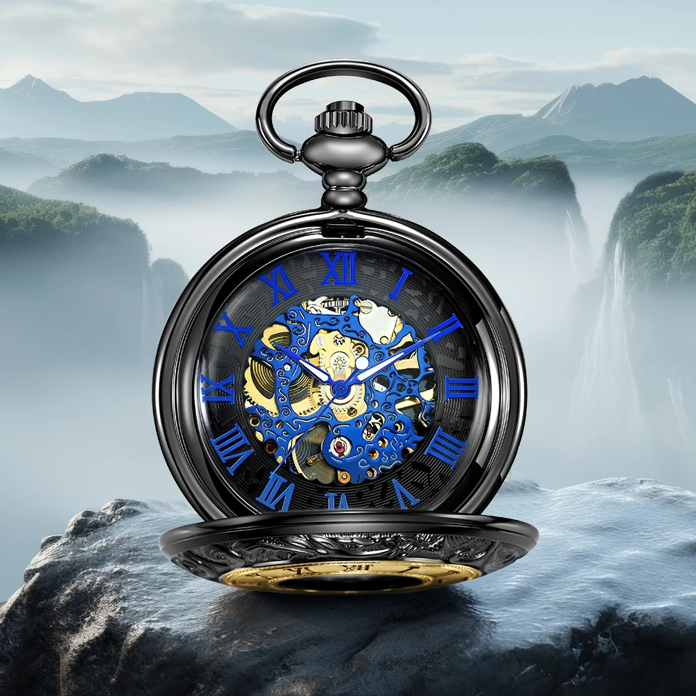 1pc Black Gold Mechanical Pocket Watch with Dial Blue Gold Rich Colors Give a Black Pendant Necklace Suitable for Men and Women