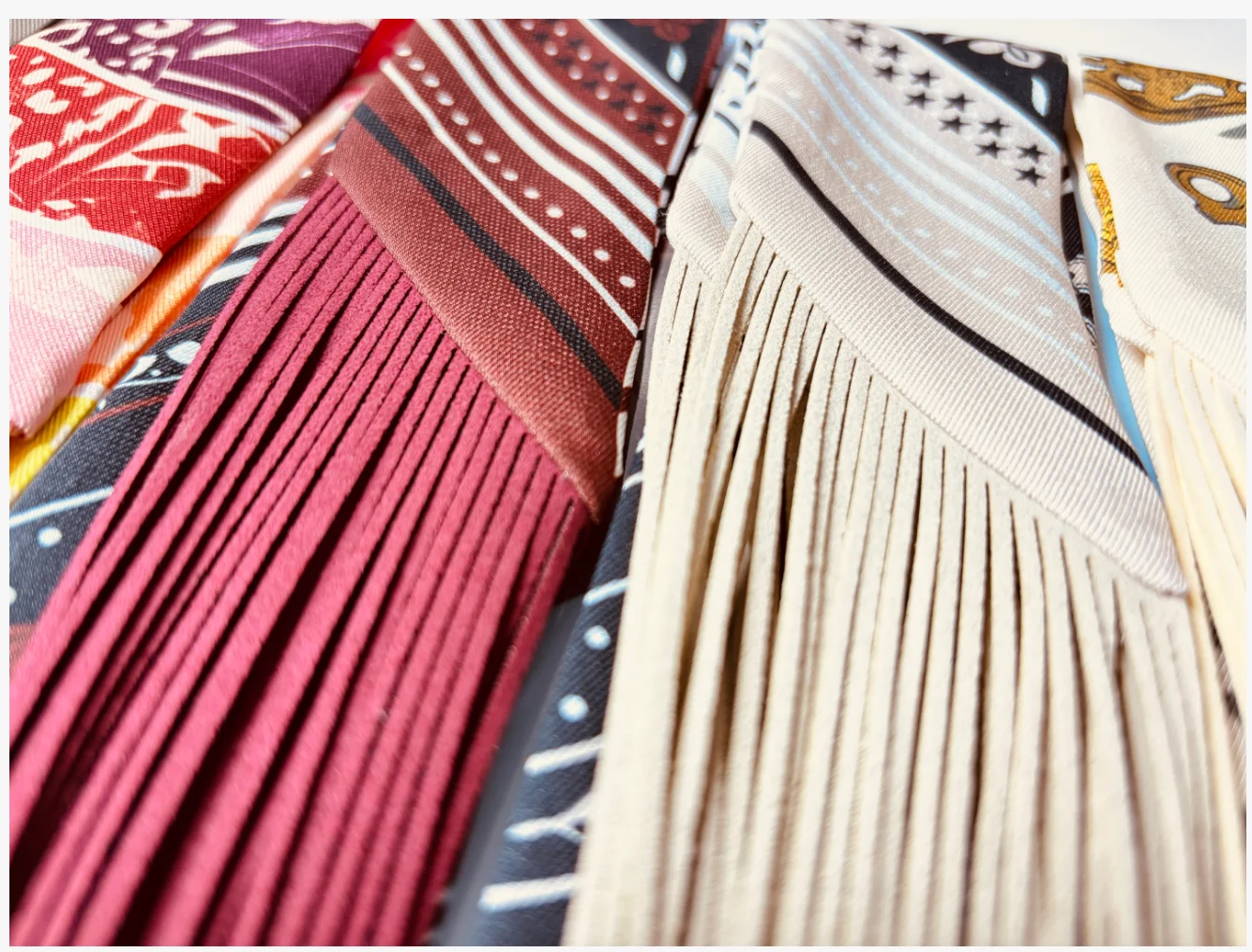 Long fringed scarves, bag trims, and versatile decorative satin hairbands image 5
