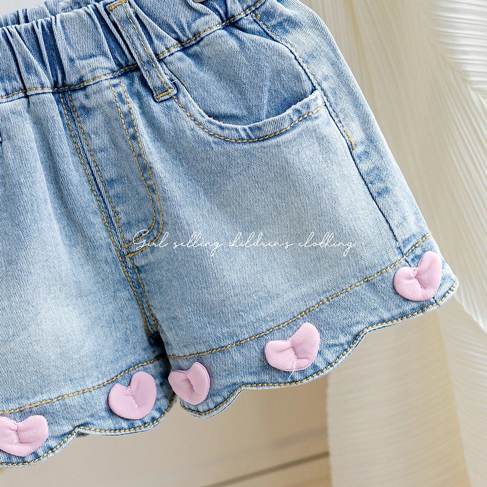 Children Girls Denim Shorts 2024 New Summer Love Heart Design Hot Pants Casual Korean Style Kids Girl Short Jeans Blue Shorts